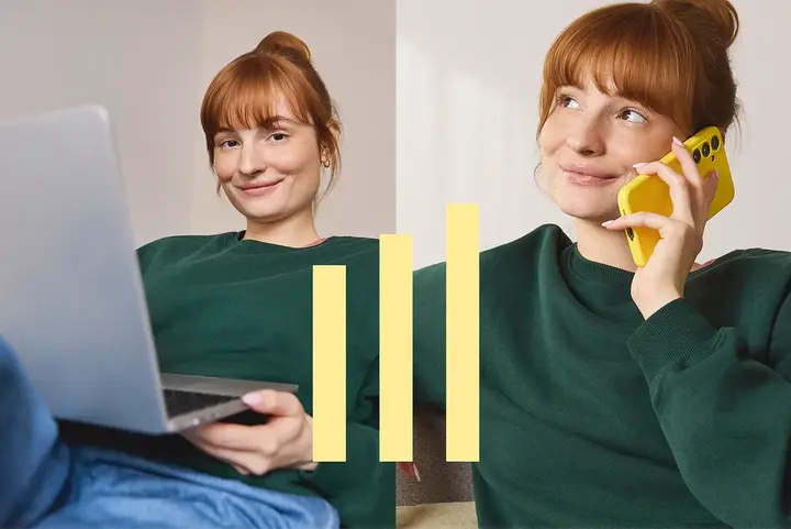 Eine junge Frau freut sich &uuml;ber die g&uuml;nstigen Handy- und Internettarife von YELLLOW